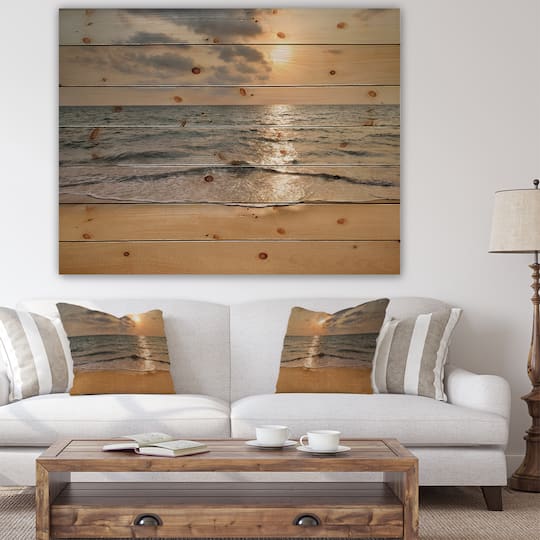 Designart - Dark Tropical Sand Beach at Sunset - Modern Seascape Print on Natural Pine Wood